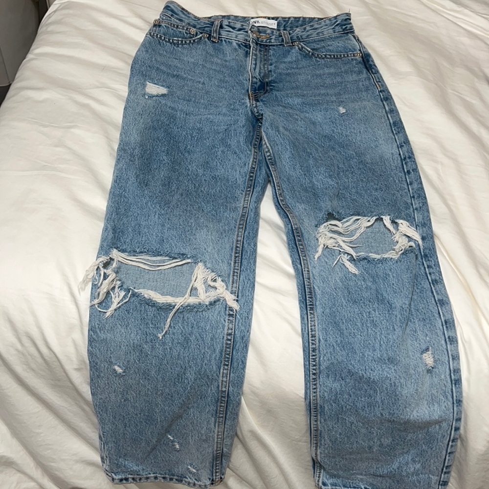 Zara High Rise Straight Leg Ripped Jeans